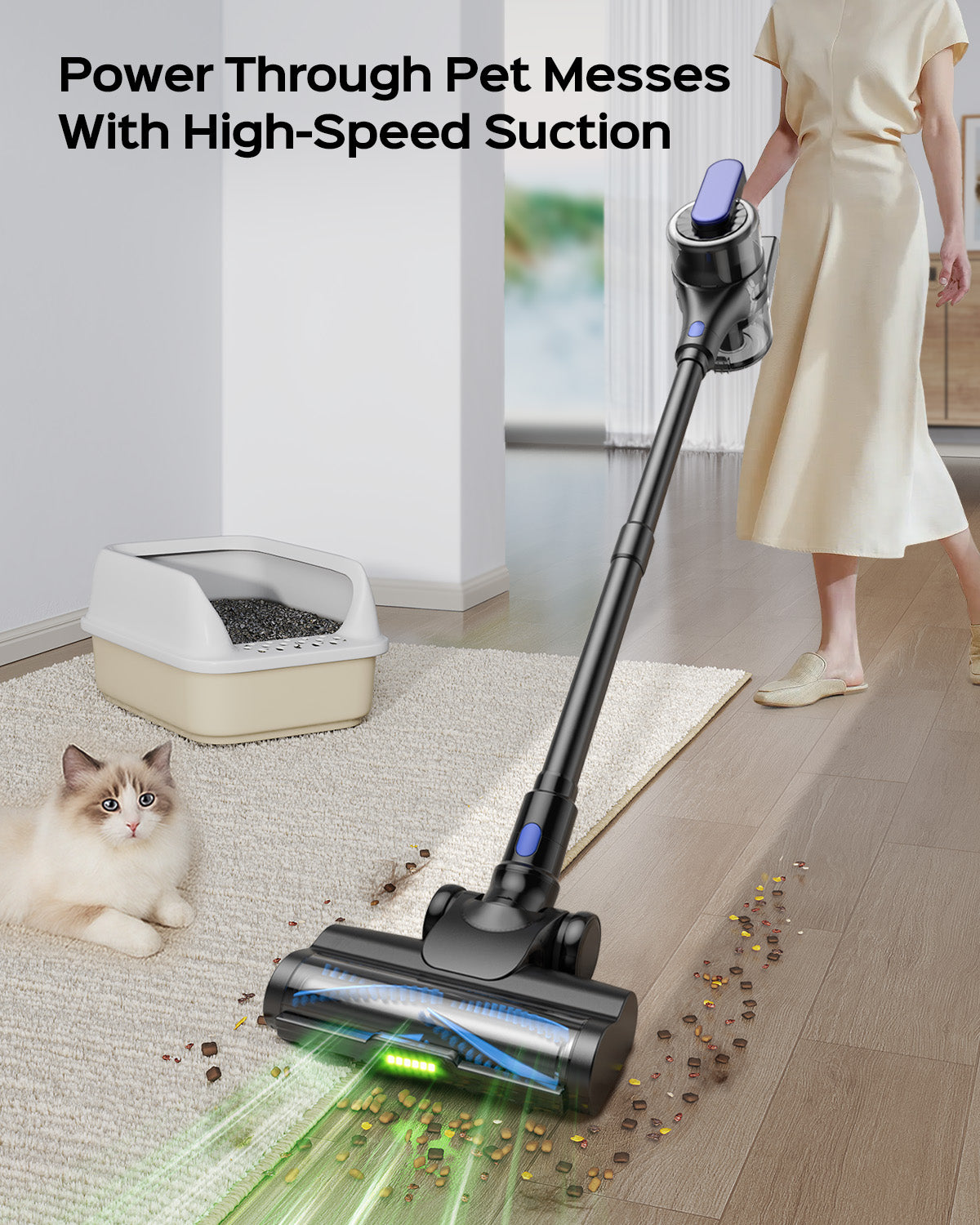 Cordless Stick Vacuum Cleaner, 55Min Cordless Vacuum Cleaners for Home, Powerful Suction Rechargeable Vacuum with Green LED Headlight, Lightweight Stick Vac for Carpet, Hardwood Floors & Pet Hair