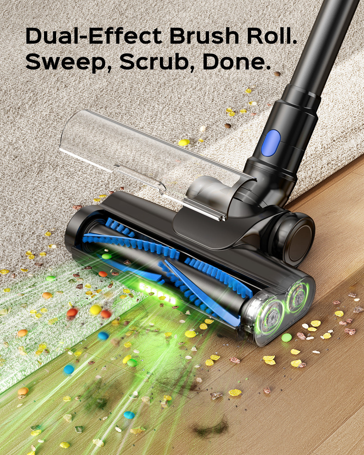 Cordless Stick Vacuum Cleaner, 55Min Cordless Vacuum Cleaners for Home, Powerful Suction Rechargeable Vacuum with Green LED Headlight, Lightweight Stick Vac for Carpet, Hardwood Floors & Pet Hair