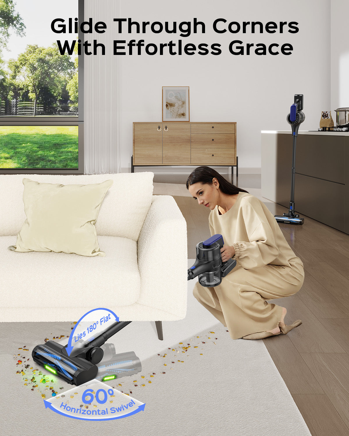 Cordless Stick Vacuum Cleaner, 55Min Cordless Vacuum Cleaners for Home, Powerful Suction Rechargeable Vacuum with Green LED Headlight, Lightweight Stick Vac for Carpet, Hardwood Floors & Pet Hair